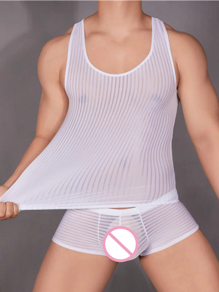 Stripe Sheer Men's Vest Sexy H - Yoga Fitness Club avaliação e preço