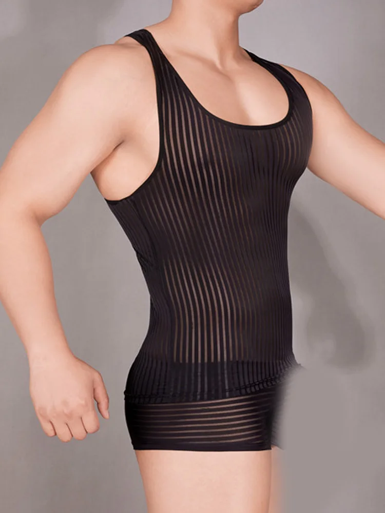 Stripe Sheer Men's Vest Sexy H - Yoga Fitness Club avaliação e preço